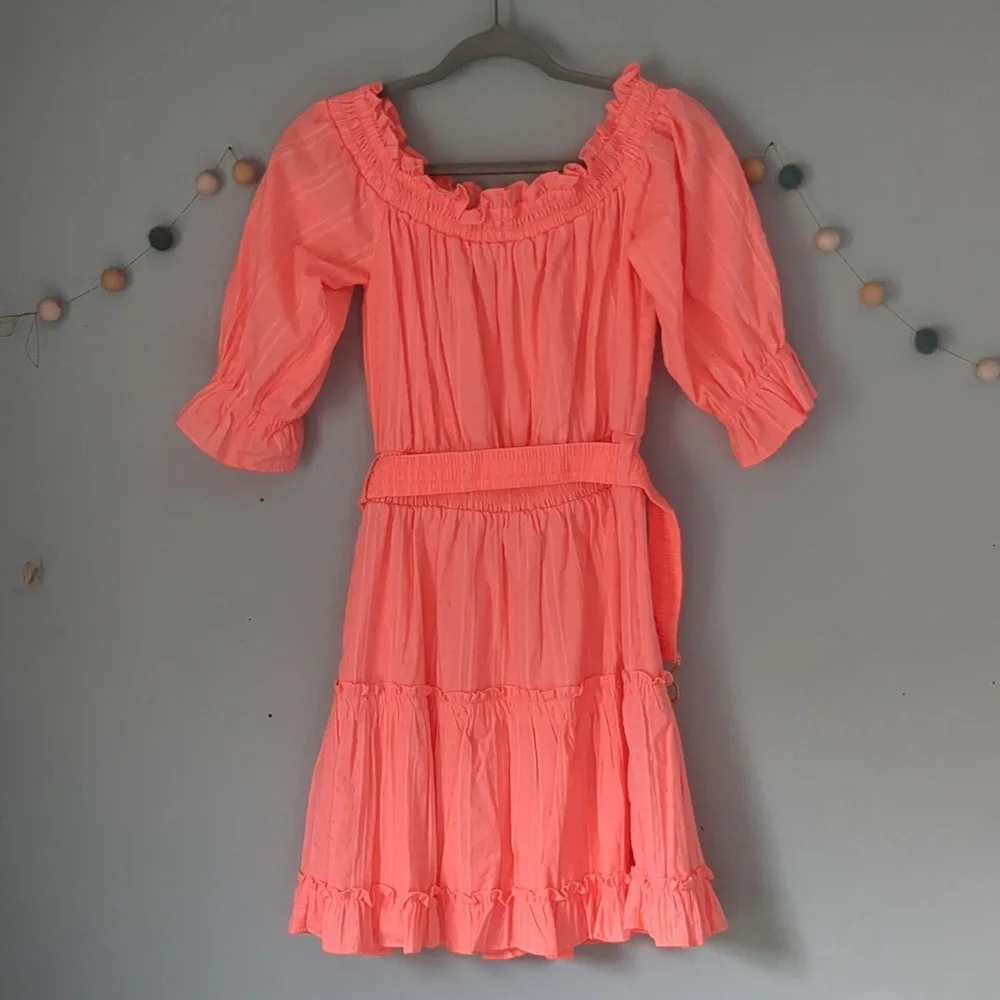 Lilly Pulitzer Louisa Dress Papaya Punch Metallic Stripe Cotton Belted-Size M - Picture 2 of 7